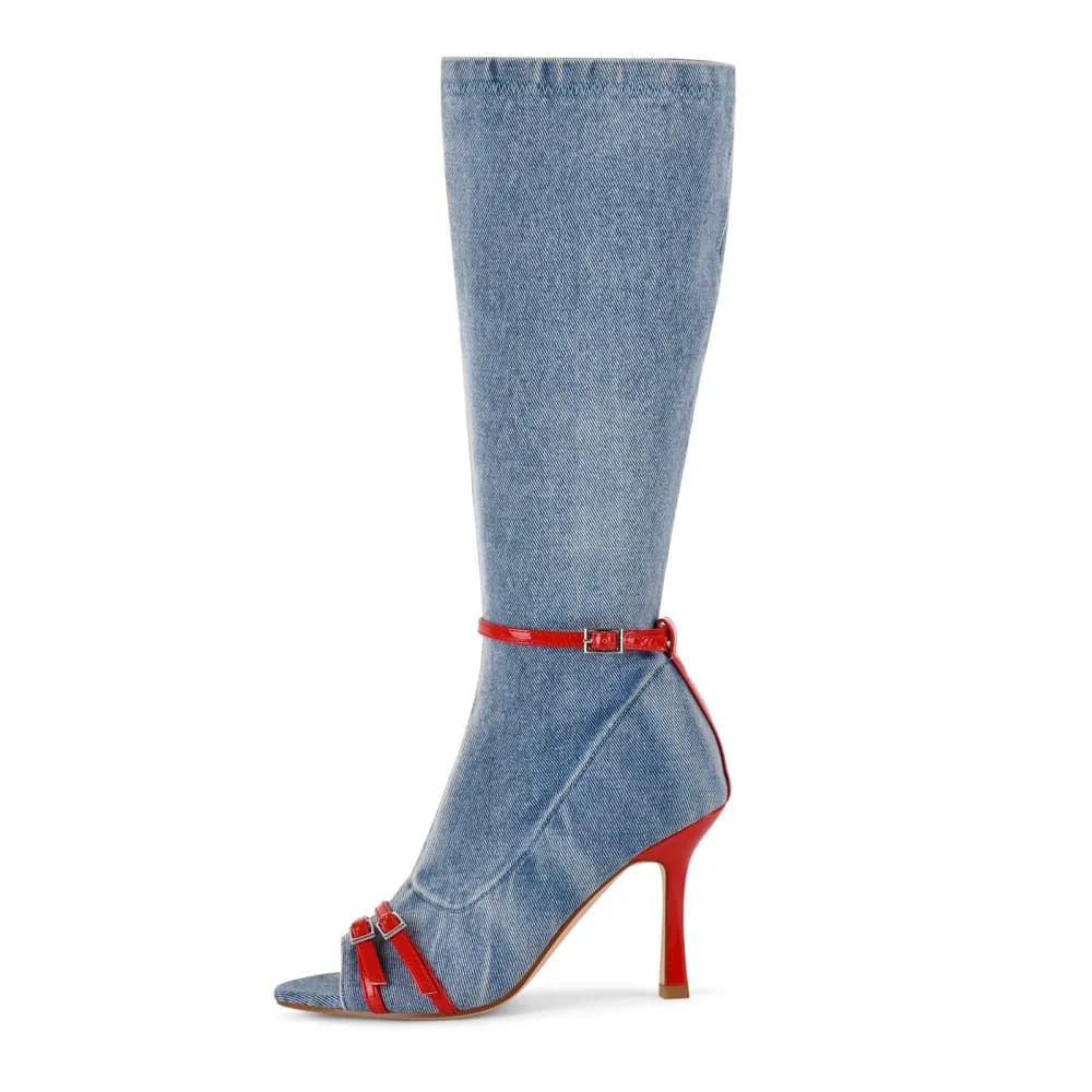 Denim Open Toe Buckle Stiletto Knee High Boots