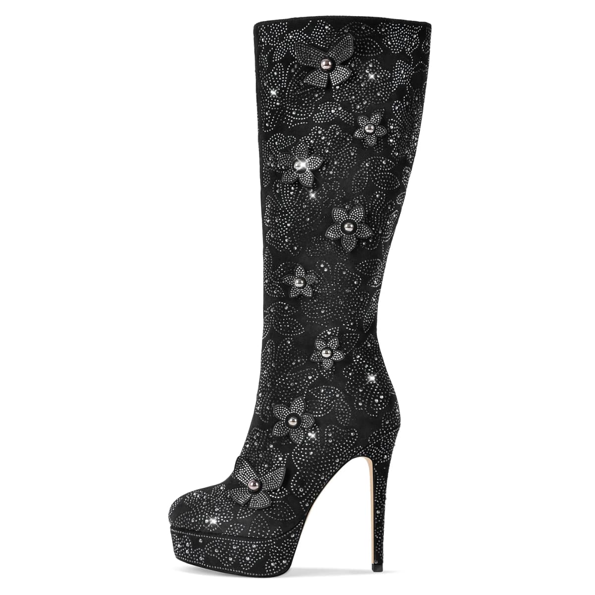 Platform Rhinestone Flower Knee High Boots