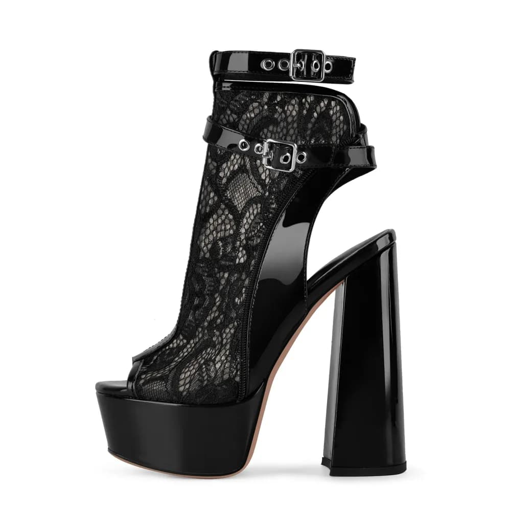 Open Toe Platform Lace Mesh Buckles Bootie Sandals