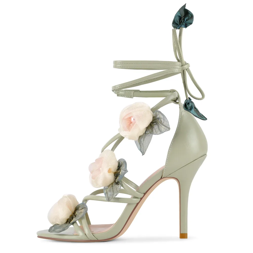 Round Toe Organza Flower Wrap Lace-up Sandals