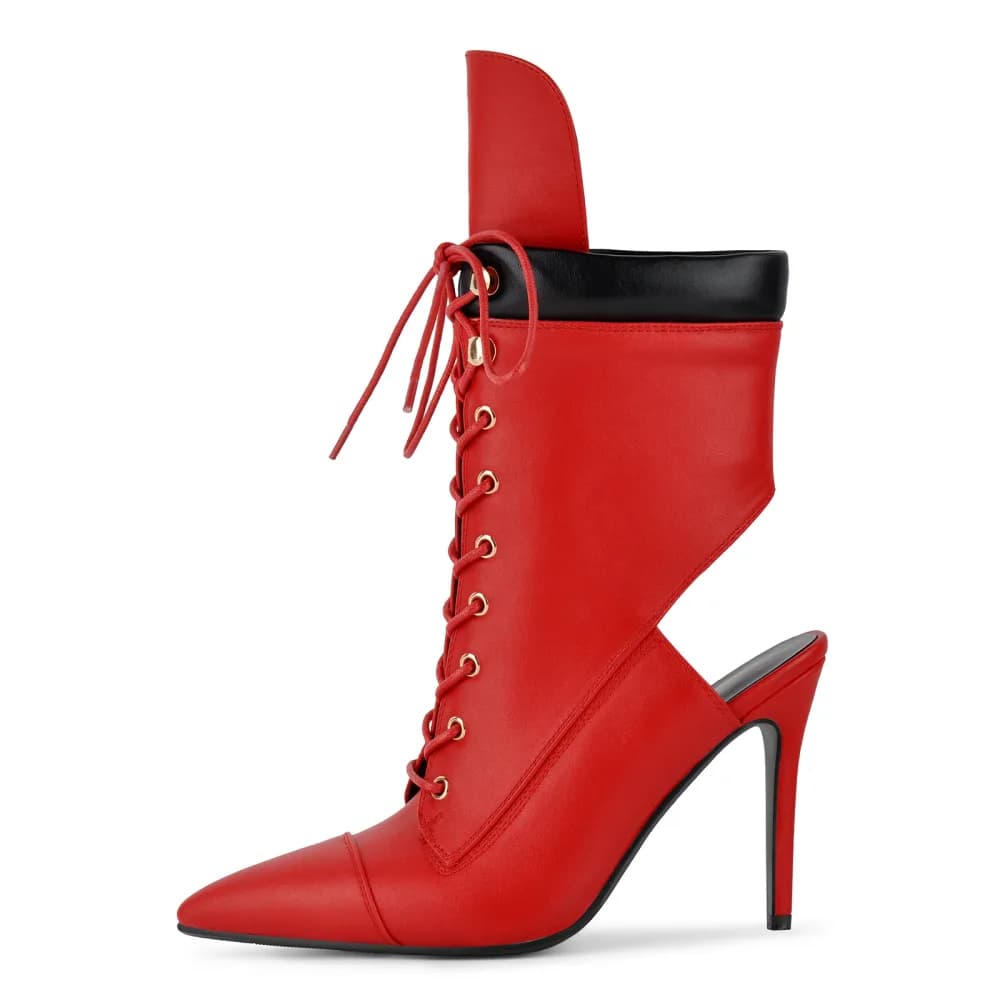 Pointed Toe Lace-up Cutout Ankle Boots