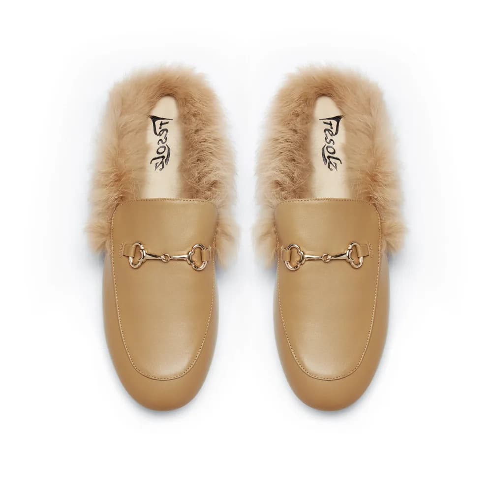 Hillary Women's Mules - Fur Trim - Leather - Flat Heel