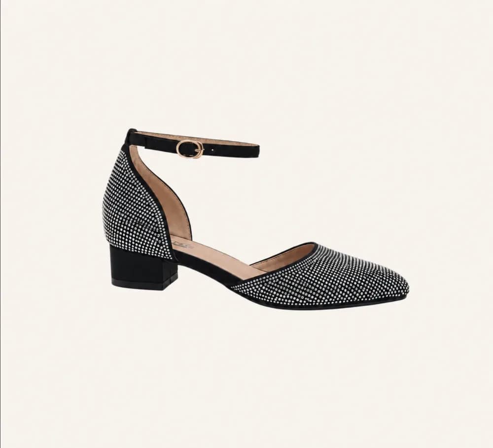 Debbie Vegan Dress Flats with Rhinestone Accents and Ankle Strap