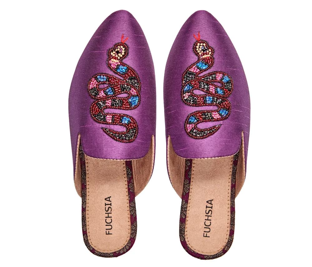 Serpent Purple - Handmade Crystal Embroidered Luxury Raw Silk Mules By Fuchsia Shoes