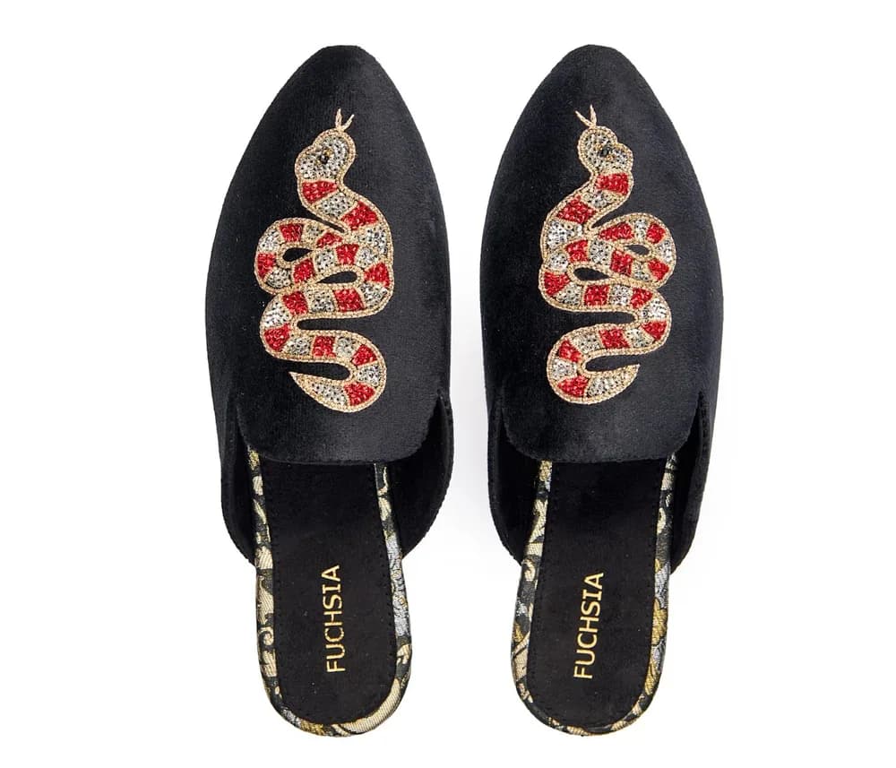 Serpent Black - Vegan Handmade Crystal Embroidered Luxury Velvet Mules By Fuchsia Shoes