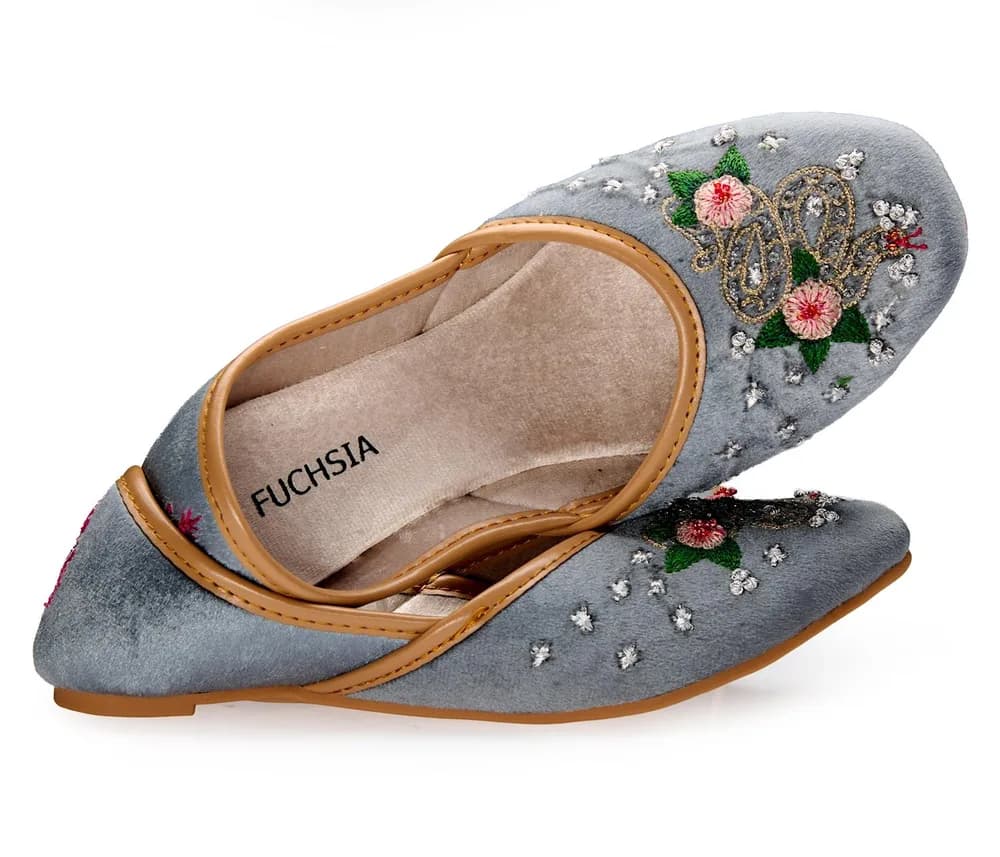Serpent Rose - Handcrafted Thread & Sequin Embroidered Velvet Jutti Flats By Fuchsia Shoes - Gray
