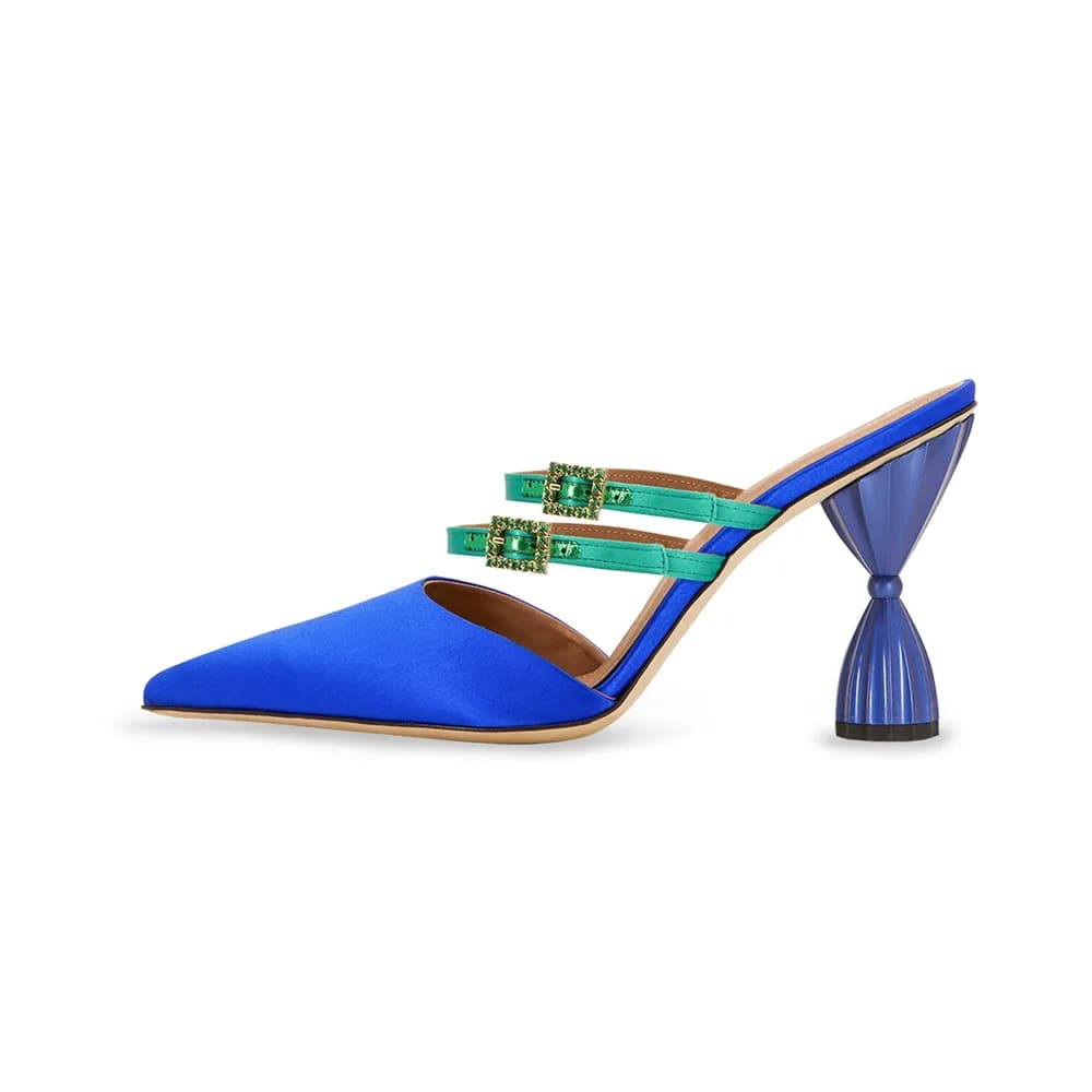 Lolita Pointy Toe Mule With Crystal Buckles - Blue