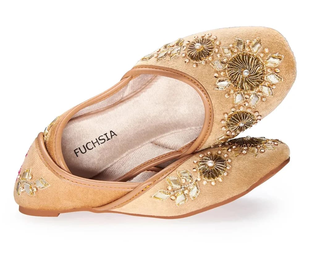 Whistledown - Handcrafted Thread & Sequin Embroidered Velvet Flats By Fuchsia Shoes - Gold