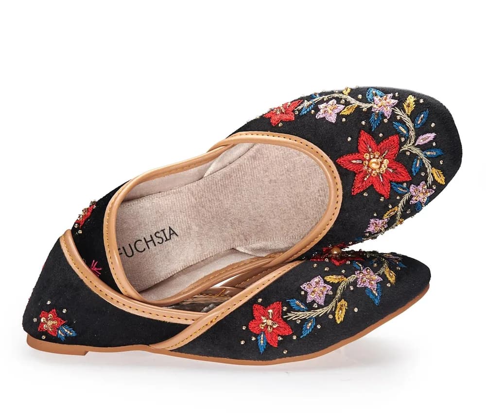 Lotus - Handcrafted Multi Color Embroidered Velvet Jutti Flats By Fuchsia Shoes - Black