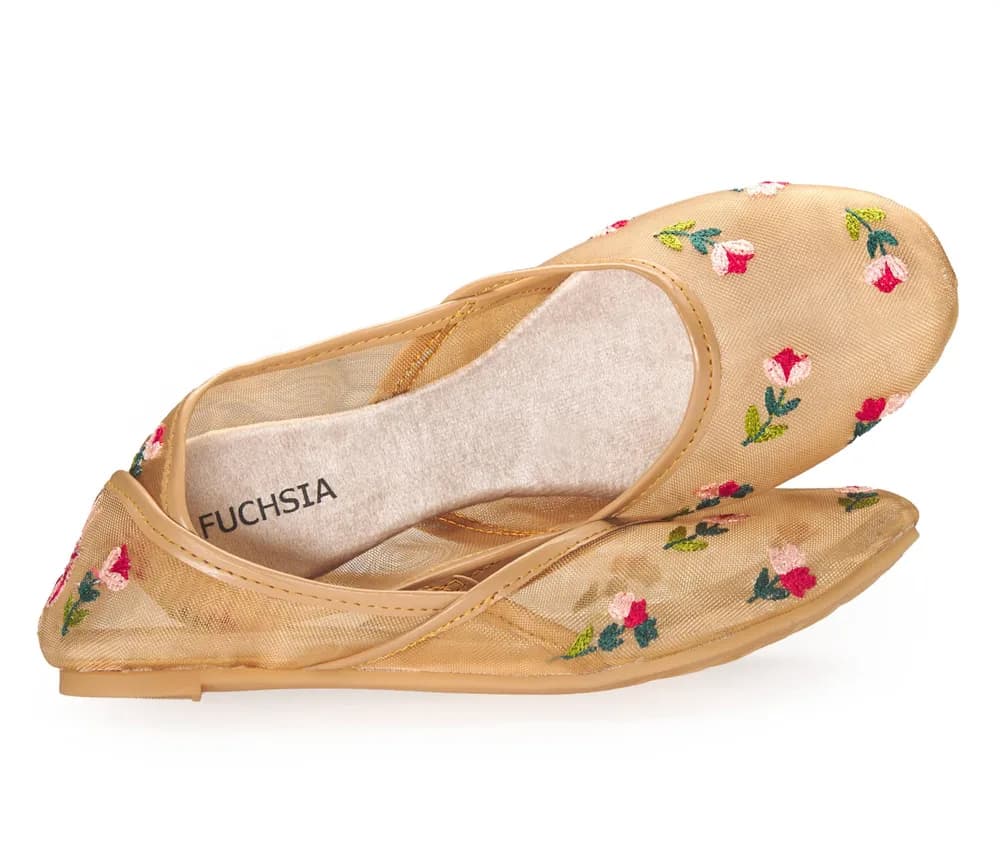 Lily Mesh - Handcrafted Mesh Embroidered Jutti Flats By Fuchsia Shoes - Nude