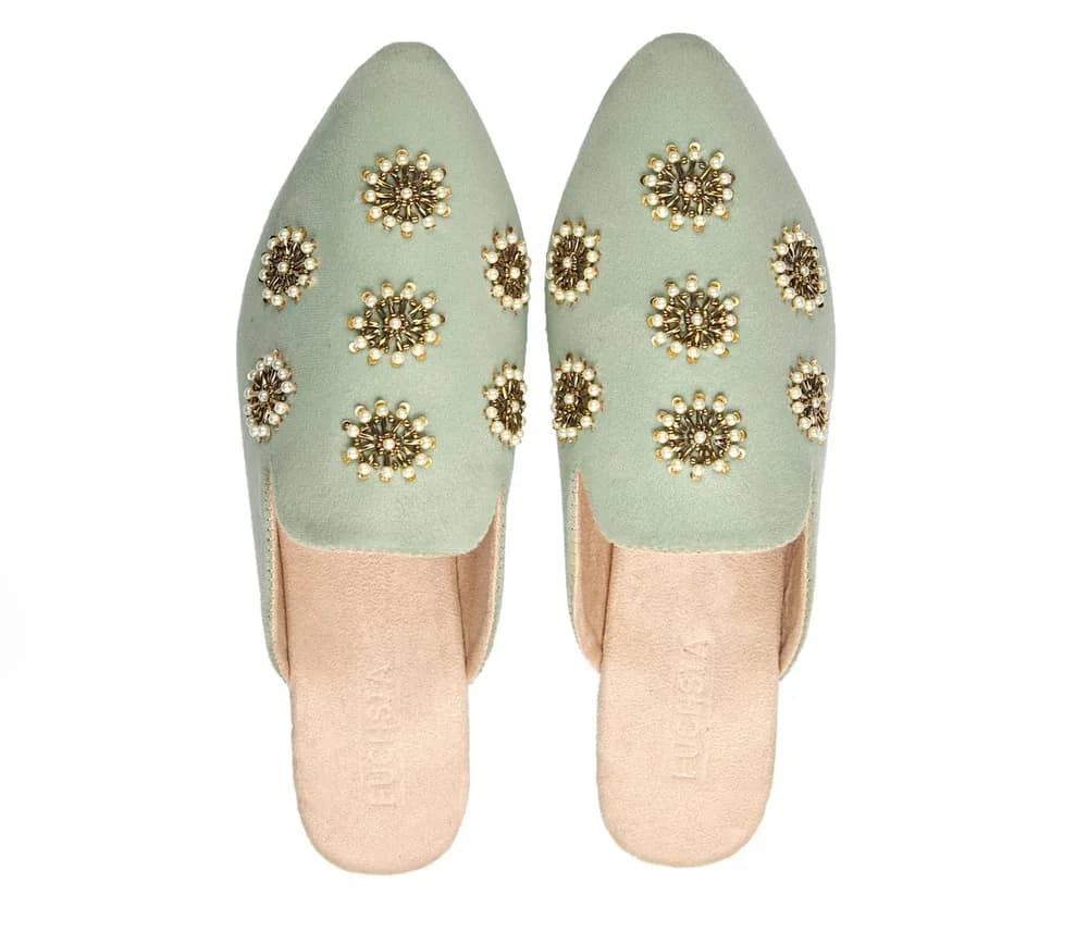 Galaxy Pastel Green - Handmade Pearl Embroidered Luxury Velvet Pointed Toe Mules By Fuchsia Shoes