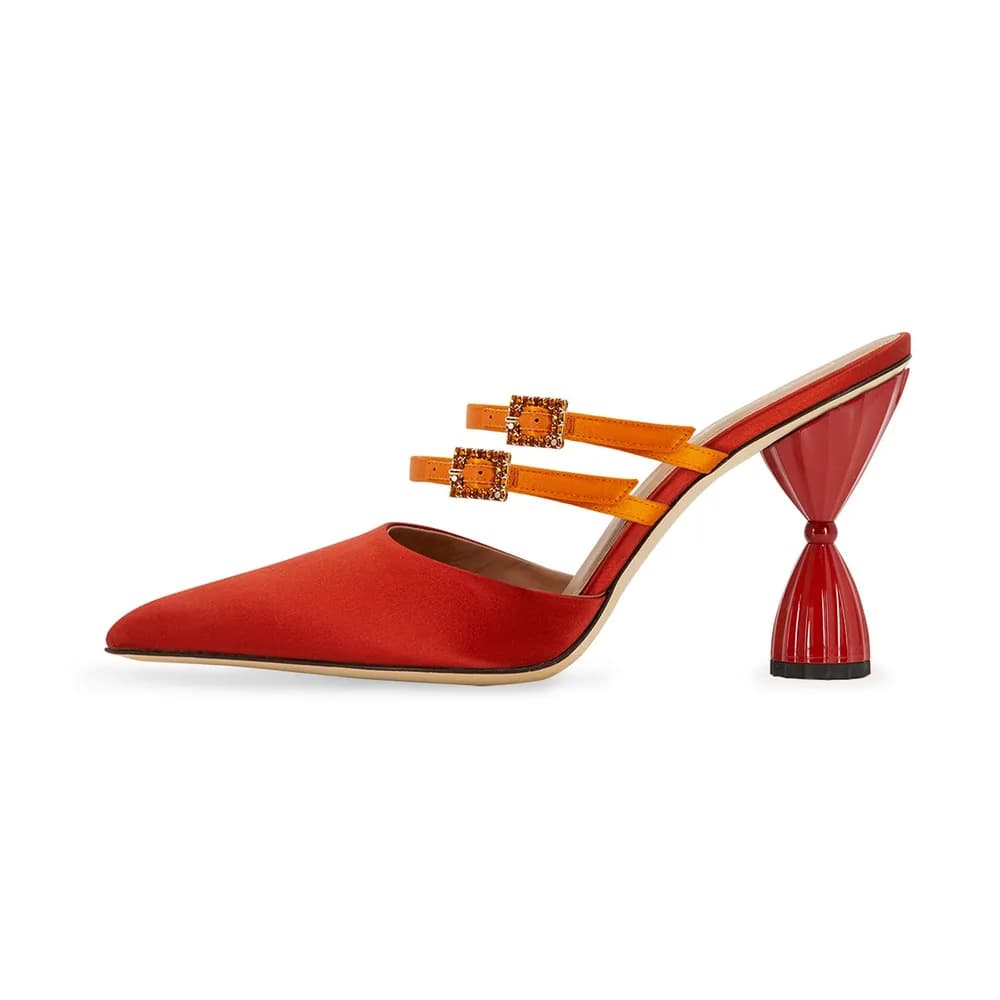 Lolita Pointy Toe Mule With Crystal Buckles - Red