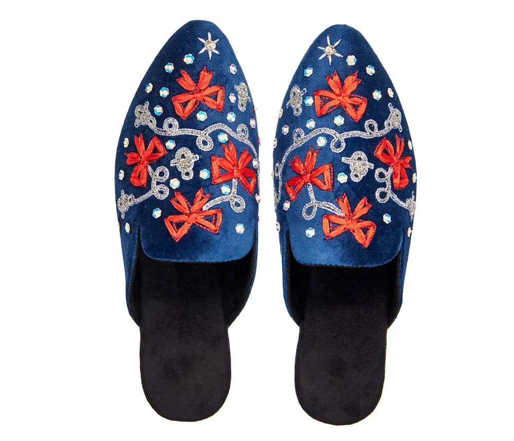 Holiday Belle Hand Embroidered Velvet Navy Black Mules By Fuchsia Shoes