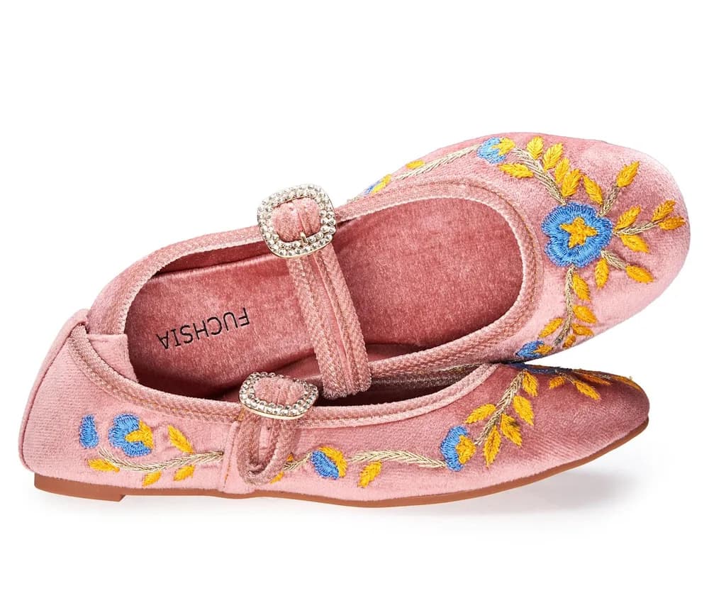Paradise Mary Jane - Handmade Floral Embroidered Velvet Flats By Fuchsia Shoes - Pink